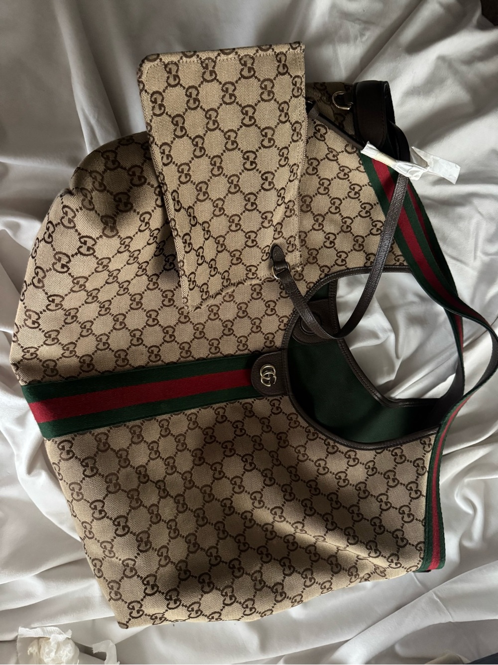 Gucci Beige/Tan GG Canvas Tote with Green and Red Web Giglio Large Tote - Picture 9 of 9